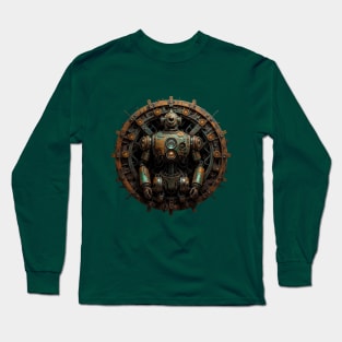 A.I. generated robot art in a circular emblem - verdigris and rust Long Sleeve T-Shirt